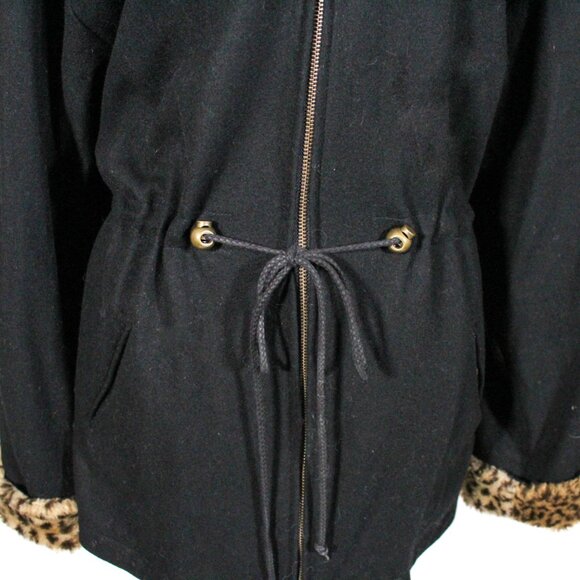 Vintage 1990s Herman Kay Black Wool Coat Leopard Faux Fur Trim Hood Grunge 90s - Picture 5 of 10